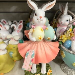 Easter Bunny Figurine with Eggs - Pink and Blue
